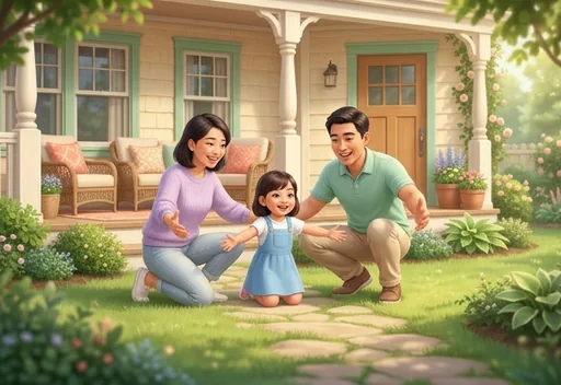A family with a young girl welcoming a new cat