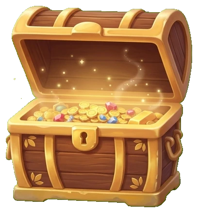 An open treasure chest of daily-reward coins and gems