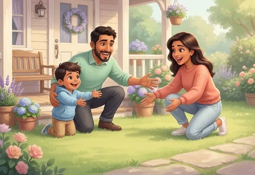 Parents and a young boy excited to meet their new dog